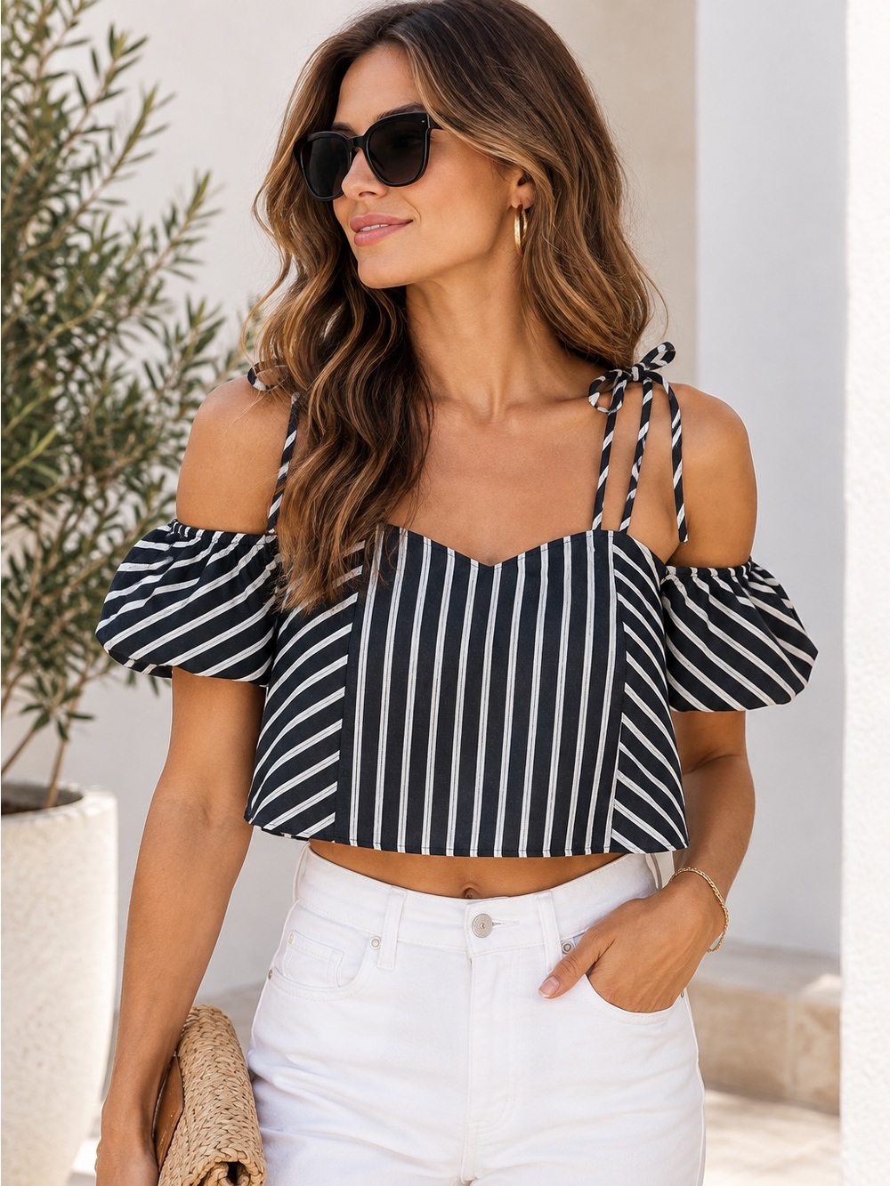 Moon River Black White Stripe Off Shoulder Crop Top Linen Blend M NWT